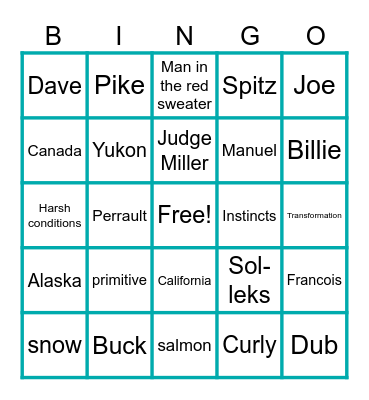 The Call of the Wild Chapters 1 and 2 Bingo Card
