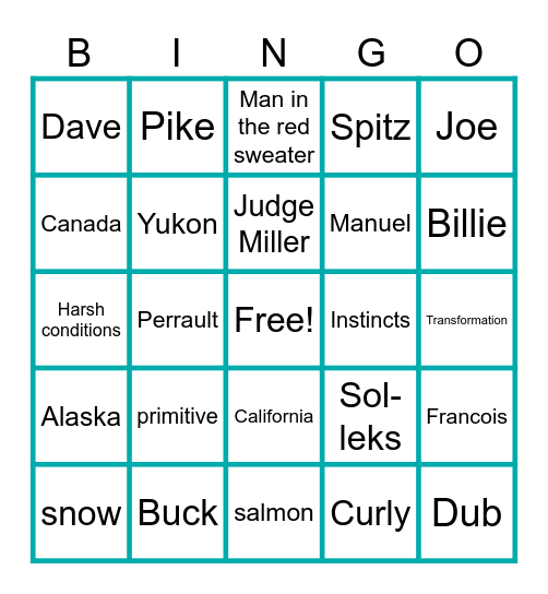 The Call of the Wild Chapters 1 and 2 Bingo Card