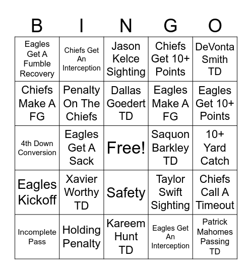 Big Game Bingo Card