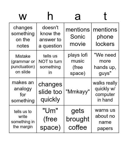 Mr. Sickler Bingo Card