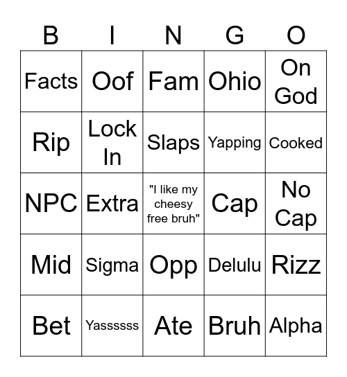 Brain Rot Bingo Card