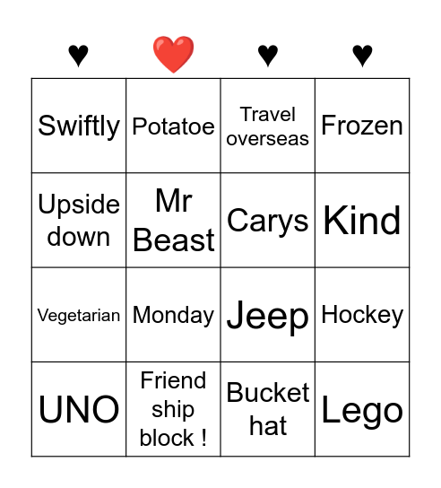 Avery - Jane’s Superkid Bingo Card