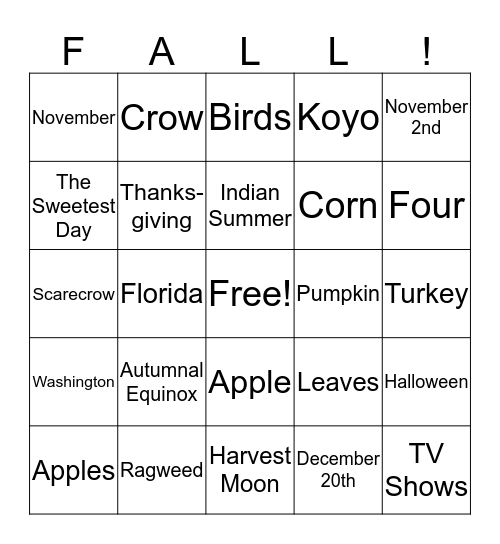 Fall  Bingo Card