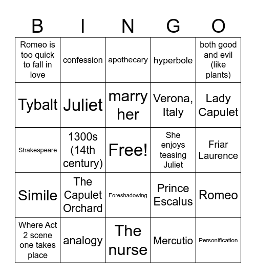 Romeo & Juliet - Act 2 Bingo Card