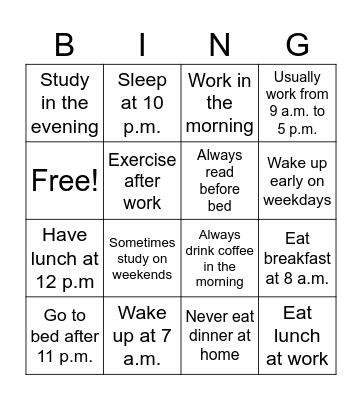 Daily Routines Bingo Card