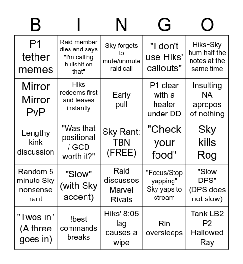 Sky FRU Waifus Stream Bingo Card