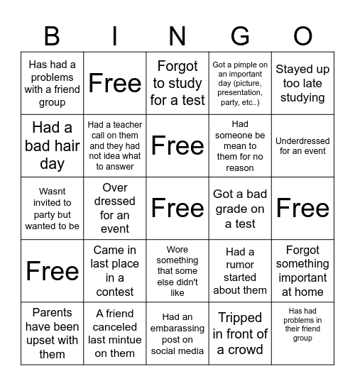 Stress Bingo Card