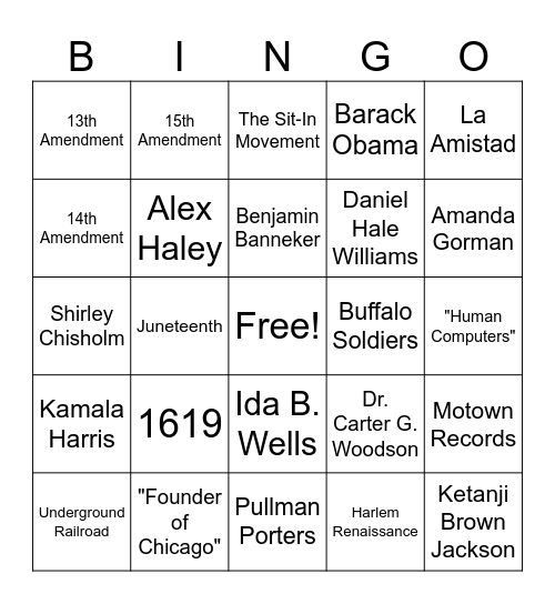 400 Years of Black History Bingo Card