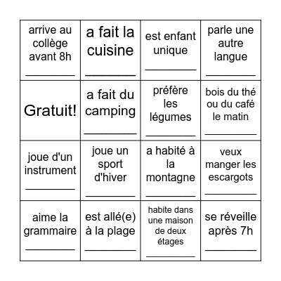 Trouvez quelqu'un qui... Bingo Card