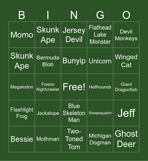 Cryptid Bingo Card