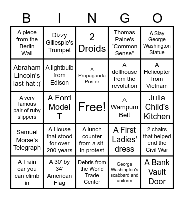 American History Museum Bingo Card