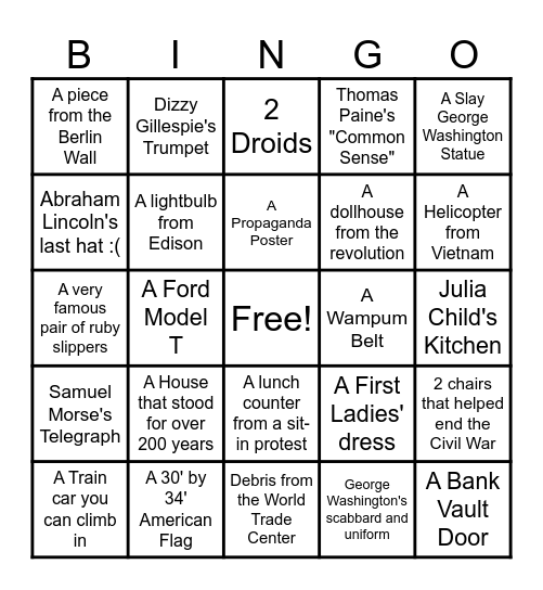 American History Museum Bingo Card