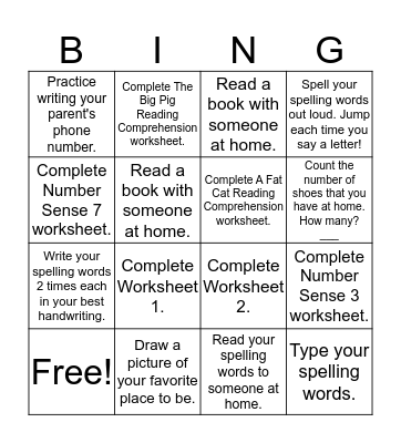Homework Bingo- Group 2 (9/22) Bingo Card