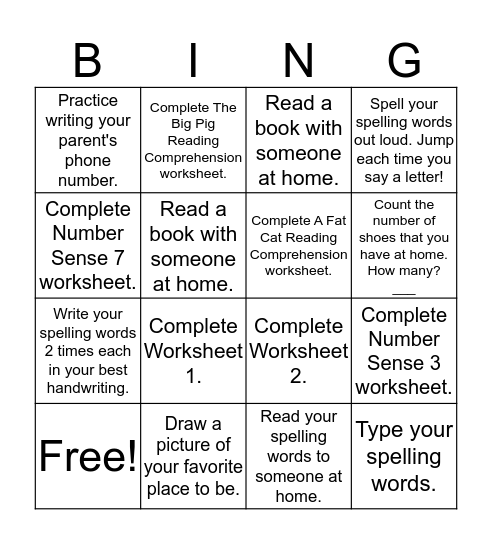 Homework Bingo- Group 2 (9/22) Bingo Card