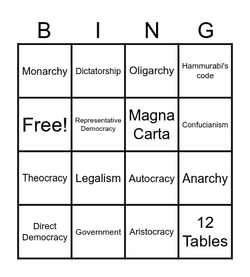 Unit 5 Politics Vocabulary words 1-10 Bingo Card