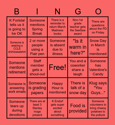 February Staff Meeting Bingo Card