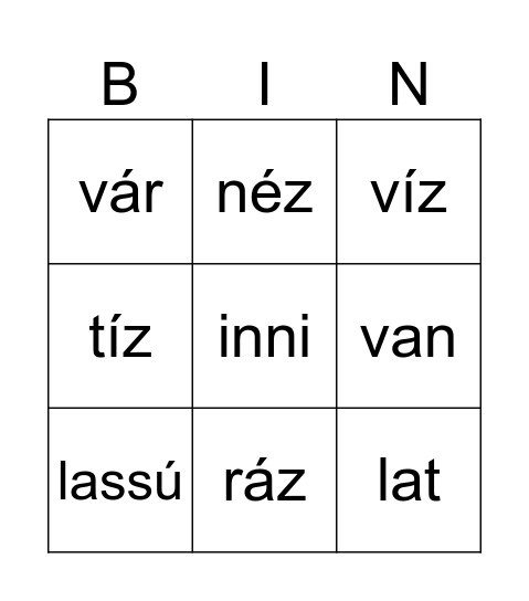 magánhangzók a szó végén Bingo Card