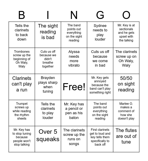 Band Bingo Card