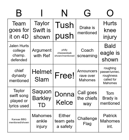 Chiefs Eagles Bingo Card