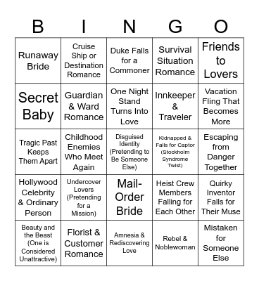 Romance Novel Tropes Bingo Card