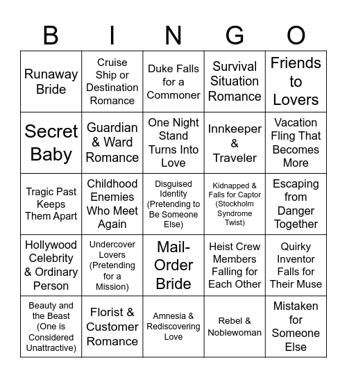 Romance Novel Tropes Bingo Card