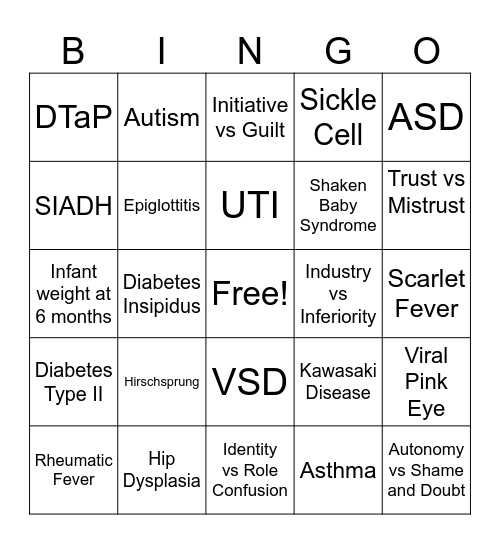 Pediatric Bingo Card