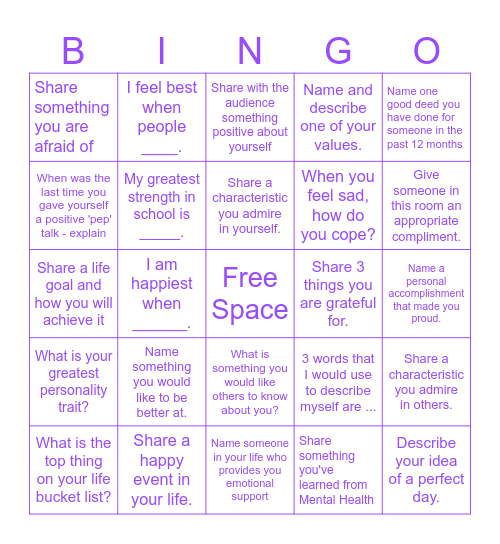 Mental Health Bingo Card