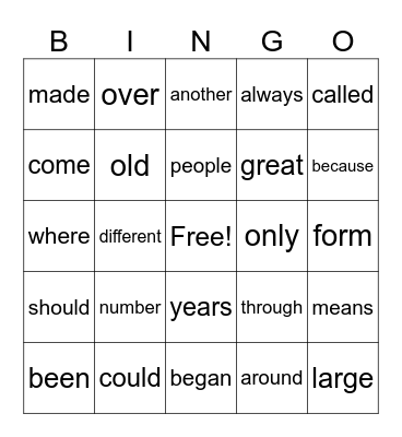 SIGHT WORD BINGO Card