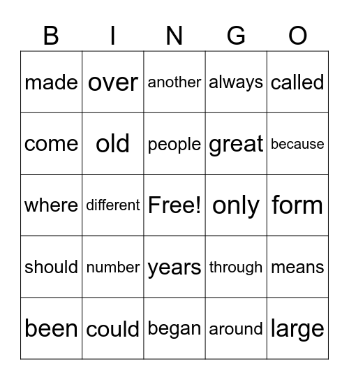 SIGHT WORD BINGO Card