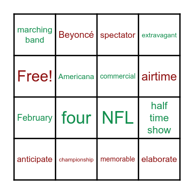 Super Bowl Bingo Card