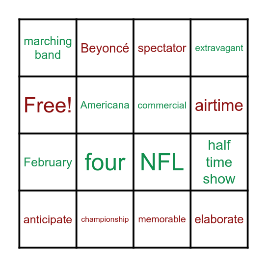 Super Bowl Bingo Card