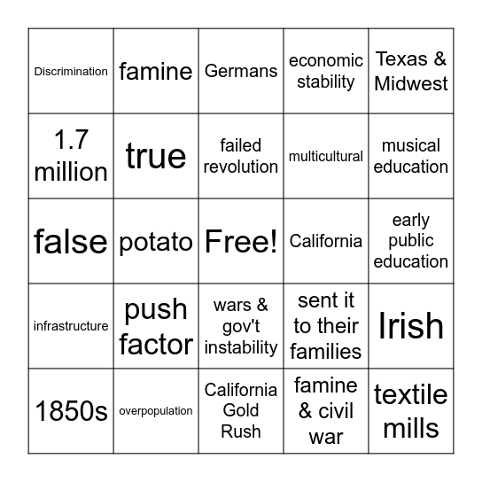 U.S. Immigration Bingo Card