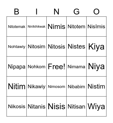 Cree Family Names Bingo Card