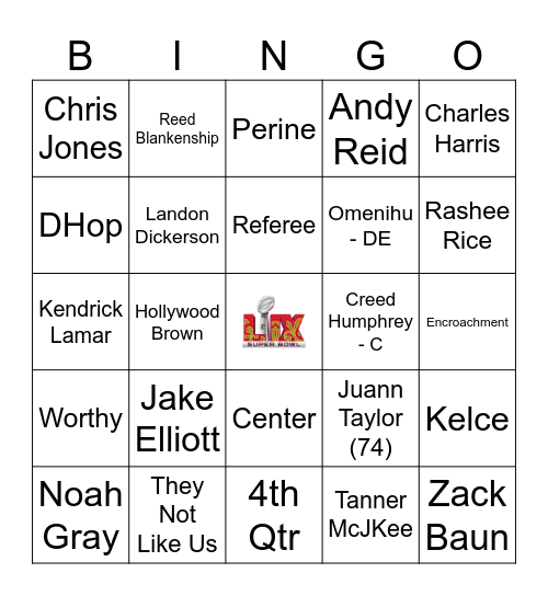 Super Bowl Bingo Card
