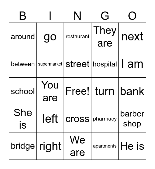 Directions Bingo Card