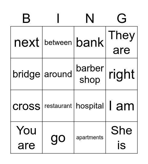 Directions Bingo Card