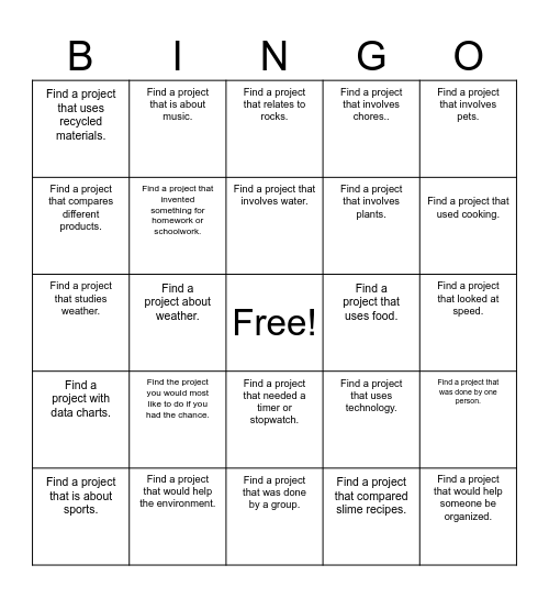 Science Fair Scavenger Hunt Bingo Card