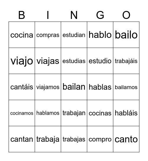 Presente, -ar Bingo Card