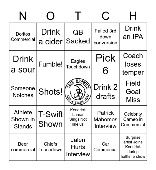 Jack Browns SuperBowl Party Bingo Card