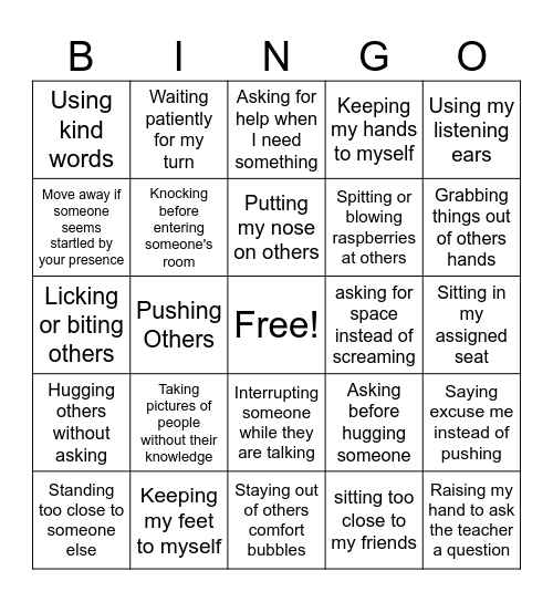 personal space bingo Card