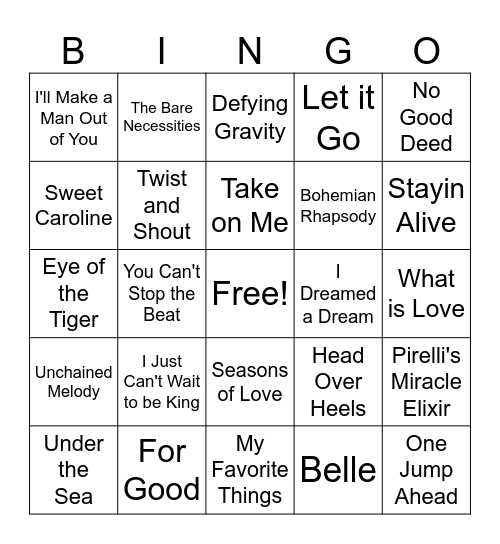 Classic Disney, Theater, & Cinema Bingo Card