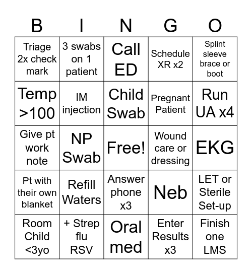 87th Urgent Care Bingo Card
