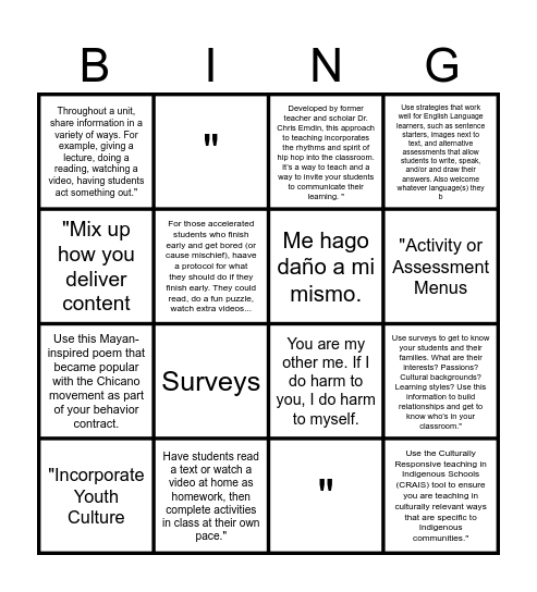Differentiation and Culturally Relevant Pedagogy Bingo Card