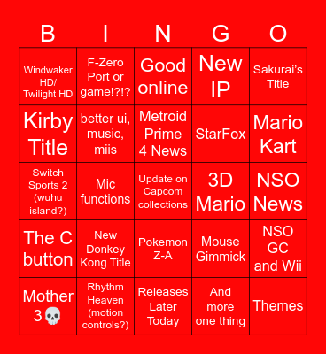 Nintendo Direct April 2025 Bingo Card
