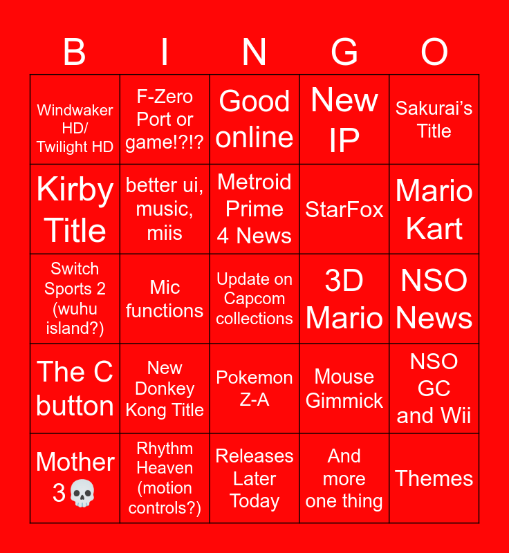 Nintendo Direct April 2025 Bingo Card