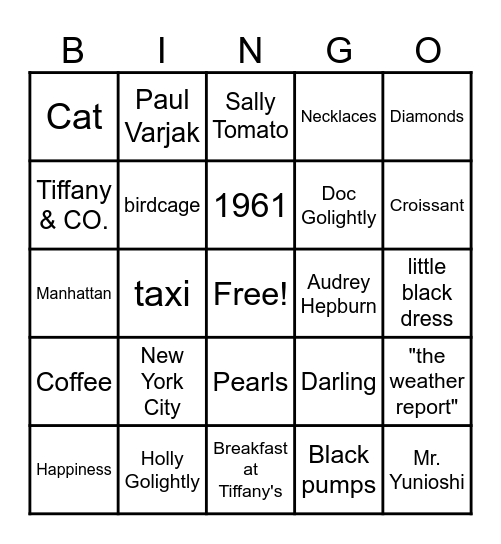 Breakfast at Tiffany's Bingo Card