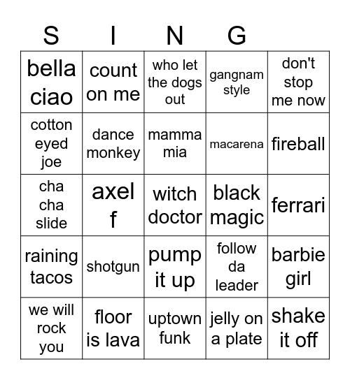Kids Music Bingo Card