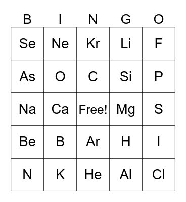 Periodic Table Bingo Card