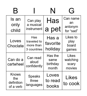 Getting to know each other Bingo Card