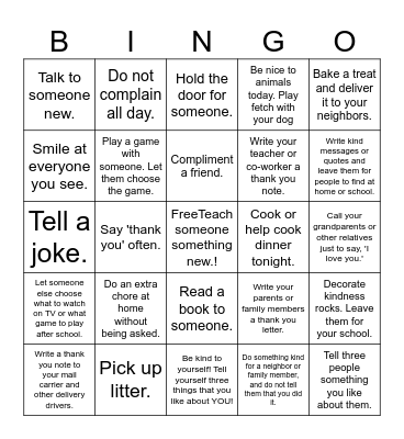 Acts of Kindness Bingo Card